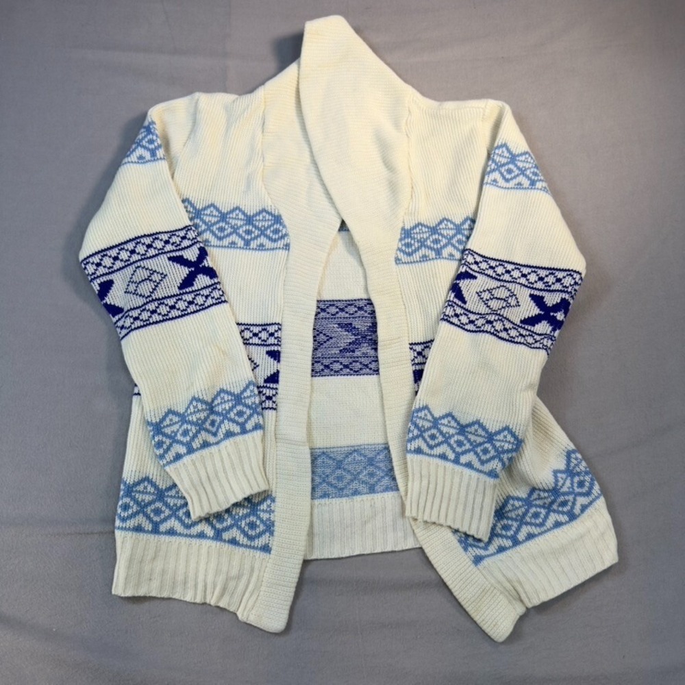 Kmart‎ Sweater Cardigan Womens Small Vintage 70's White Blue Acrylic Small Hole